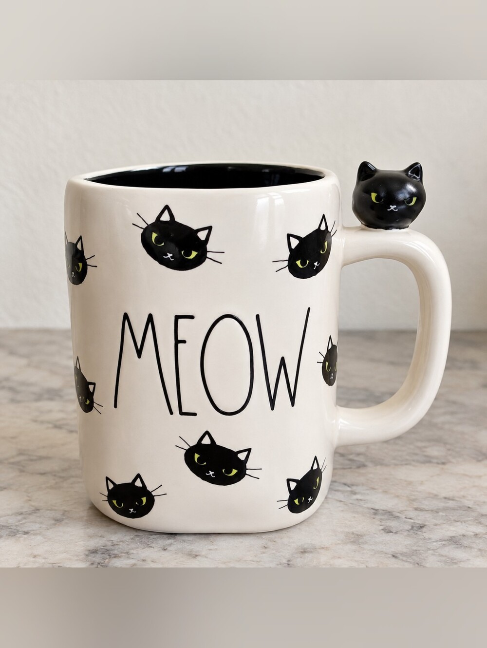 Rae Dunn MEOW Black Cat Mug 3D Cat Handle Halloween Cat Lover Coffee Cup